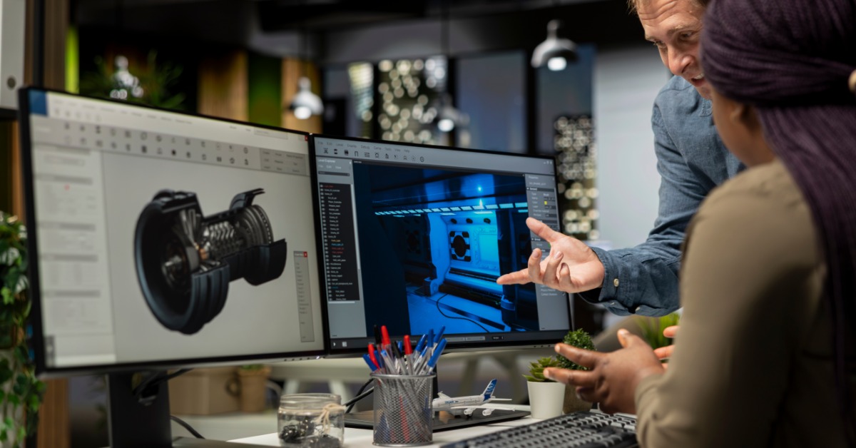 A pair of workers discussing a digital design concept for part tooling while sitting in front of two monitor screens.