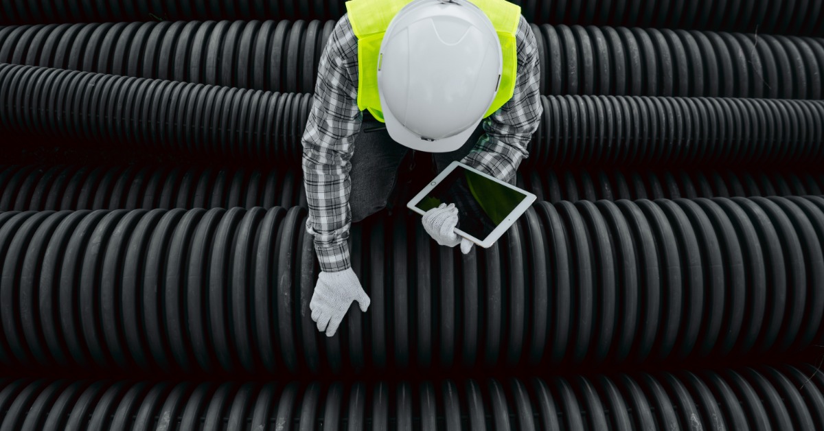 A worker in a hard hat examining large corrugated black tubing made using HDPE plastic material.