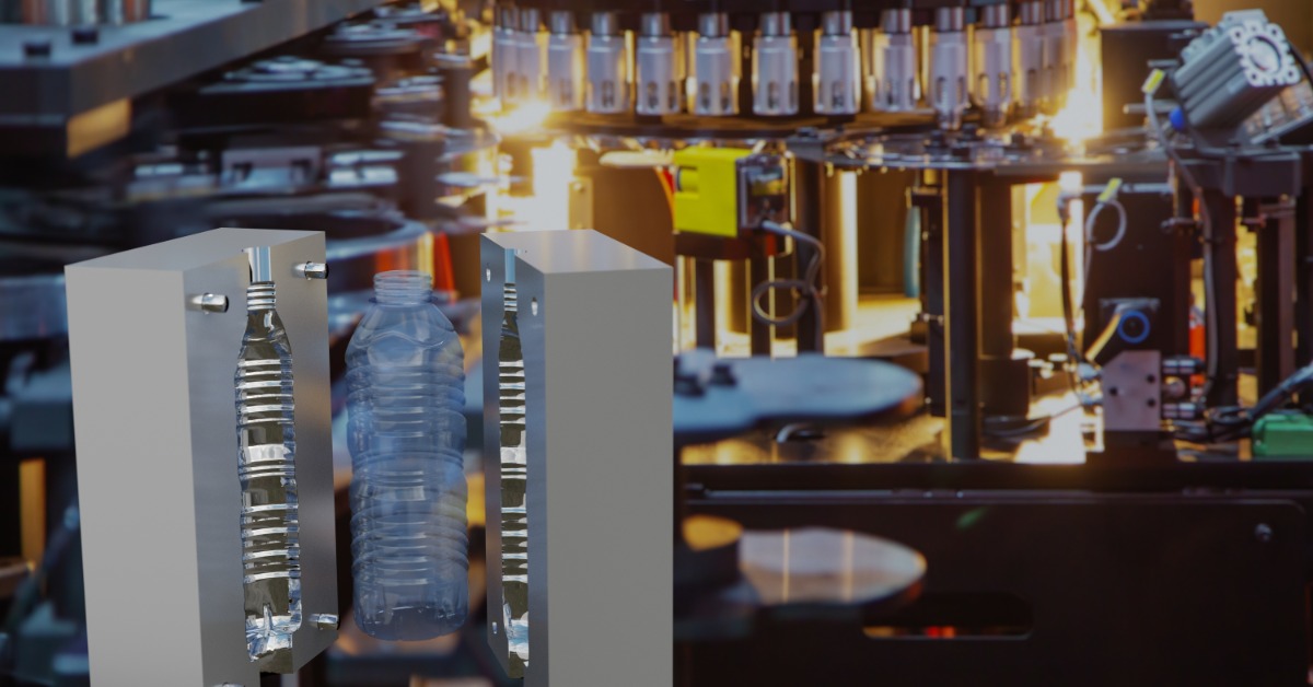 A metal manufacturing mold opening to reveal a formed plastic water bottle, with additional machines behind it.